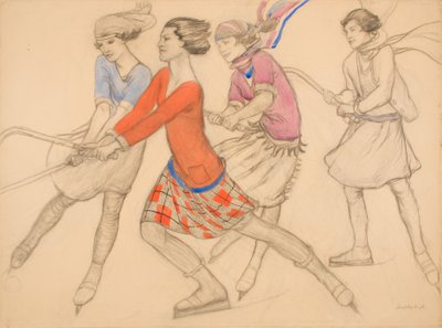 Hockey på isen (penna med akvarell och bläck på papper) av Averil Mary Burleigh