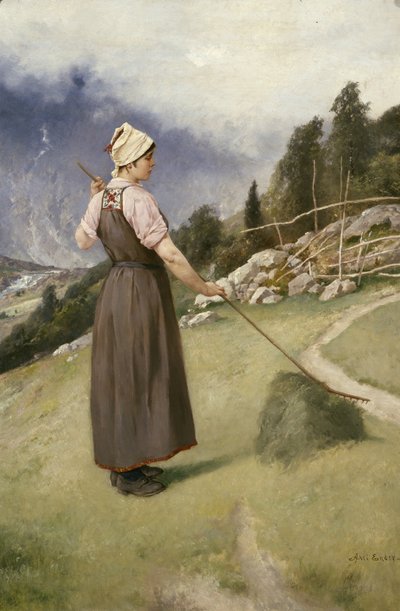 Tjej som krattar hö (olja på duk) av Axel Hjalmar Ender