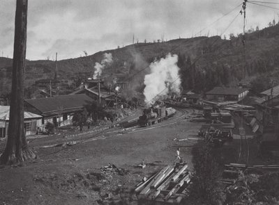 Japan: Numanohira, transport av timmer (svartvitt foto) av Axel von Graefe