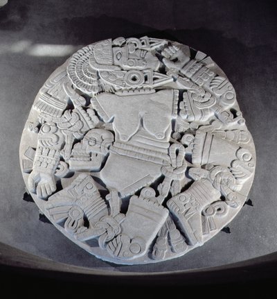 Snideri av styckningen av mångudinnan Coyolxauhqui, hittad vid foten av tvillingpyramiden i Tenochtitlan, sen efter klassisk period (1300-1521) (se även 97326) av Aztec