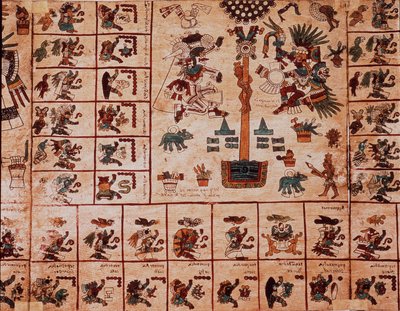 Representation av aztekiska gudar och rutor som motsvarar kalendern. Sida av det aztekiska manuskriptet på bark "Codex Borbonicus", precolombiansk inhemsk codex i centrala Mexiko, sent 1400-tal. Nationalförsamlingens bibliotek (Palais Bourbon). av Aztec