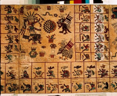 Representation av aztekiska gudar och rutor som motsvarar kalendern. Sida av det aztekiska manuskriptet på bark "Codex Borbonicus", precolombiansk inhemsk codex i centrala Mexiko, sent 1400-tal. Nationalförsamlingens bibliotek (Palais Bourbon). av Aztec