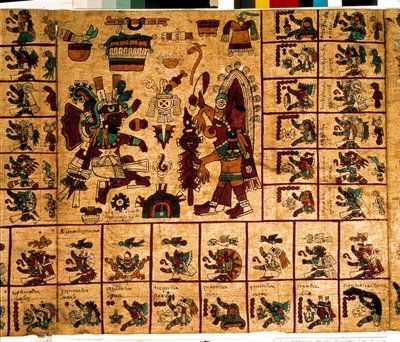 Representation av aztekiska gudar och rutor som motsvarar kalendern. Sida av det aztekiska manuskriptet på bark "Codex Borbonicus", precolombiansk inhemsk codex i centrala Mexiko, sent 1400-tal. Nationalförsamlingens bibliotek (Palais Bourbon). av Aztec