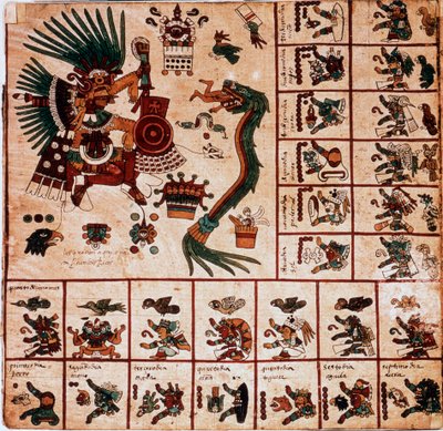 Representation av Quetzalcoatl och Tezcatlipoca, aztekiska gudar och lådor som motsvarar kalendern. Sida av det aztekiska manuskriptet på bark "Codex Borbonicus", precolombiansk inhemsk codex i centrala Mexiko, sent 1400-tal. National As av Aztec