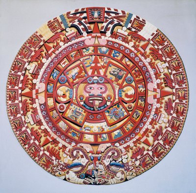 Förcolumbiansk civilisation: den aztekiska kalendern (solens sten): skiva som representerar den aztekiska kalendern och kosmogonin (Tonalpohualli) av Aztec Aztec