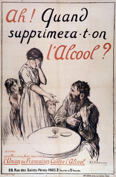 Alkoholism: "När ska alkohol tas bort?" c. 1910 (litografi) av B. Chavannaz