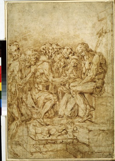 ""Kristus med symbolerna för passionen omgiven av sju figurer"" (Kristus med symboler för passioner som åtföljs av sju figurer) Ritning med brunt bläck av Baccio Bandinelli (1493-1560) Pushkin-museet från 1500-talet i Moskva av Baccio Bandinelli