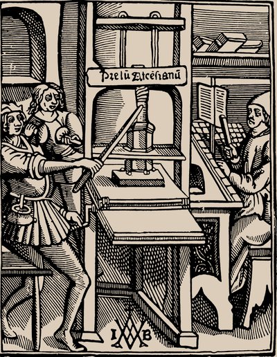 Prelum Ascensianum: skrivarens enhet med tryckpressen i arbete, 1508. av Badius