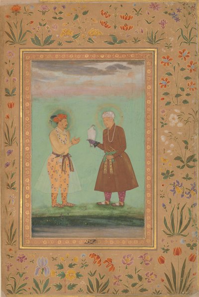 Jahangir och hans far, Akbar, Folio från Shah Jahan-albumet, verso: ca. 1630 av Balchand