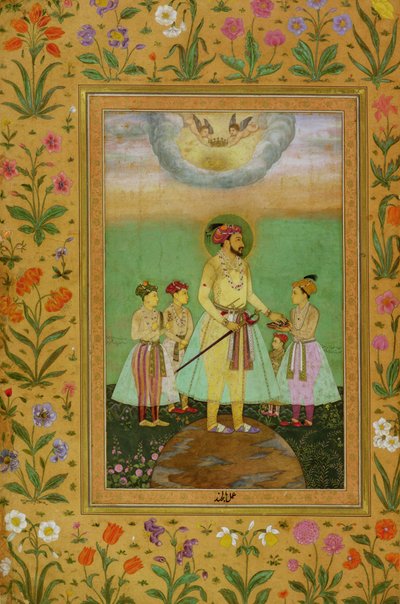 Shah Jahan (1592-1666) står på en stor jordglob omgiven av sina fyra barn, från Minto-albumet av Balchand