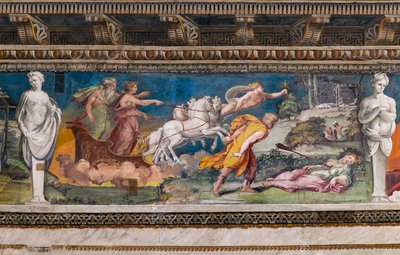 Procris spetsad av det aldrig felande spjutet, Cephalus springer mot henne och Aurora och Titone på en vagn dragen av fyra hästar av Baldassarre Peruzzi