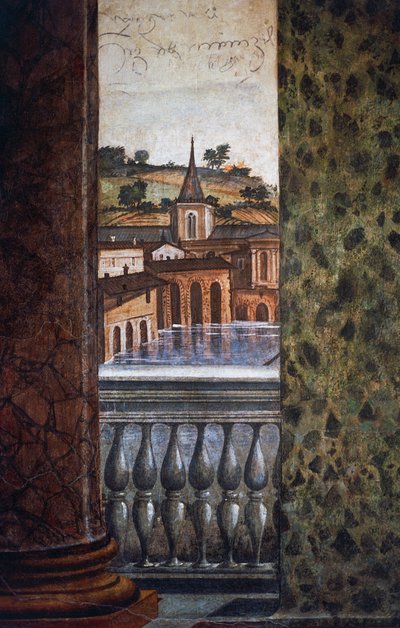 Byggnader vid vatten, detalj från fresk i Hall of Perspectives av Baldassarre Peruzzi