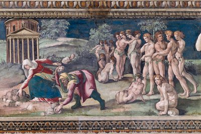 Deucalion och Pyrrha som kastar sten av Baldassarre Peruzzi