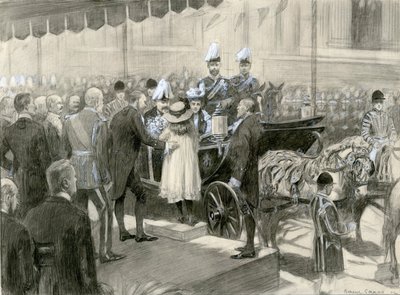 Kung Edward VII och drottning Alexandra - London County Councils monter på Trafalgar Square, 24 oktober 1902 (akvarell på papper) av Balliol (after) Salmon