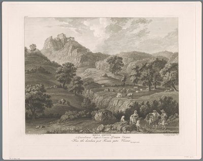 Utsikt över Roccagiovine Rocca Giovine (titel på objekt) Suite de VI vues des Environs de Rome (...) (serietitel) av Balthasar Anton Dunker