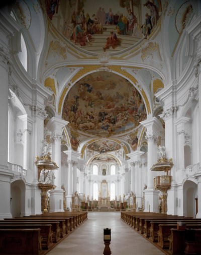 Invändig vy av klosterkyrkan av arkitekten Johann Balthasar Neumann (1687-1753) Neresheim, Tyskland av Balthasar Neumann