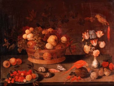 Ett stilleben av persikor, äpplen och vindruvor i en flätad korg, blommor i en kinesisk vas och två papegojor på ett bord av Balthasar van der(follower of) Ast