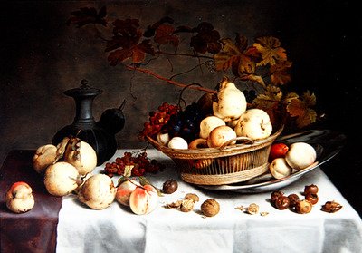 Ett stilleben av kvitten i en korg, annan frukt och föremål (olja på panel) av Balthasar van der Ast