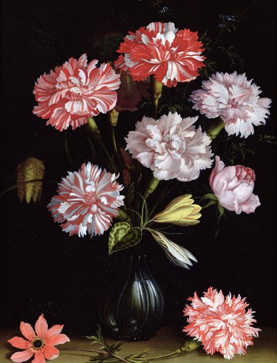 Blomstudie: Nejlikor i en vas (olja på panel) av Balthasar van der Ast