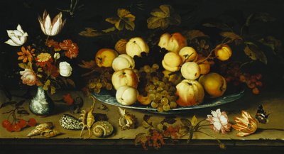 Frukt på fat, blommor i en Wanli Kraak-porseleinvas, kvistar av körsbär och röda vinbär, snäckskal, en ros, en tulpan, en rosa, en ödla, en snigel och en röd amiral på en stenavsats, trollsländor ovan, 1626 av Balthasar van der Ast
