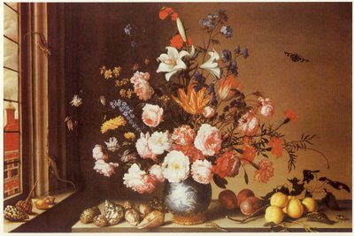 Interiör med stor bukett, snäckor, frukter och ödlor av Balthasar van der Ast