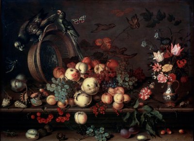 Stilleben med frukter, blommor och papegojor, 1620-talet av Balthasar van der Ast