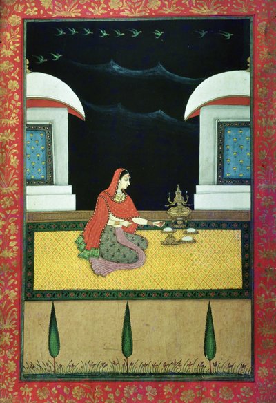 Kvinna som sitter på en matta, 1750 (gouache på papper) av Bangazi Ragini