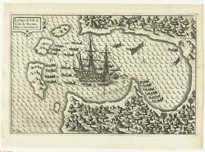 Ankomst till Borneo, 1600 La baye de Isle et Cite de Borneo (titel på föremål), RP-P-OB-75.411 av Baptista van Doetechum