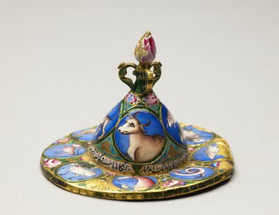 Skål med lock, fat och sked med astrologisk dekoration, tidigt 1800-tal av Baqir