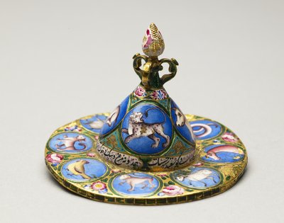 Skål med lock, fat och sked med astrologisk dekoration, tidigt 1800-tal av Baqir