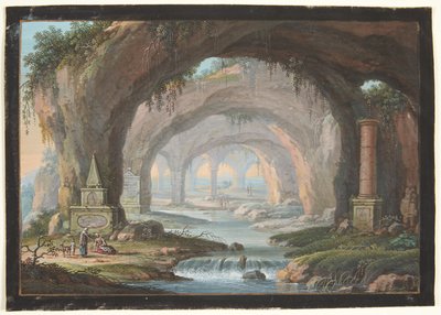 Landskap med genomborrade grottor, gravmonument, en flod och figurer av Barbara Dietzsch