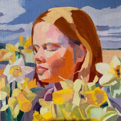 Drömmer om solrosor, 2020, olja på linneduk. av Barbara Hoogeweegen