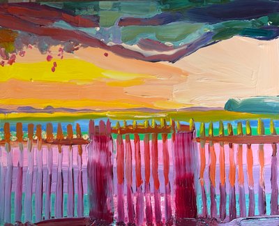 Det är inte alltid rosa, men ibland är det det, 2024, olja på pannå av Barbara Hoogeweegen