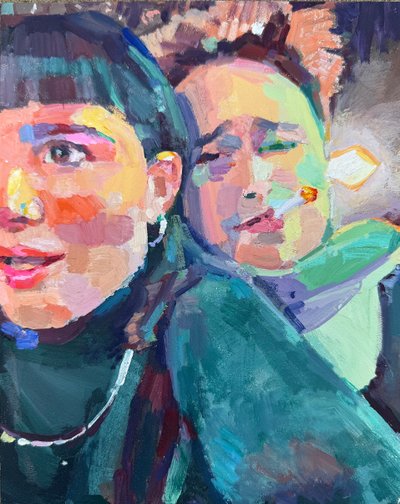 ecstatic unity, 2025, olja på pannå av Barbara Hoogeweegen