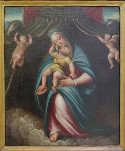 Madonna med barn under en baldakin som hålls av två änglar (målning) av Barbara Longhi