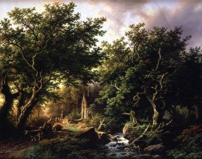 Ett skogslandskap med ett kapell av Barend Cornelis Koekkoek