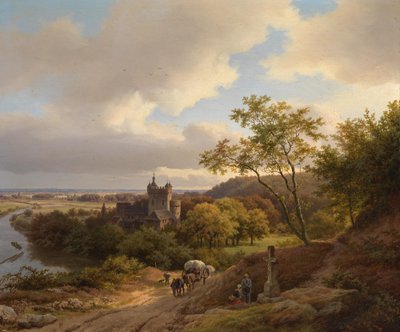 Ett slott bland träd vid en flod av Barend Cornelis Koekkoek