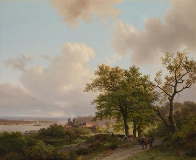 En stad vid en flod sedd från en höjd av Barend Cornelis Koekkoek