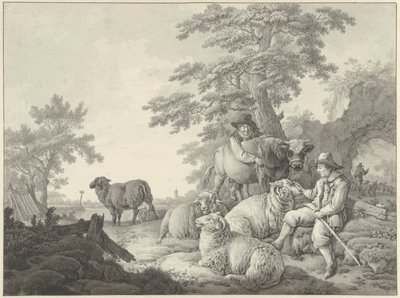 Herde med får och en pojke med en ung tjur i ett landskap av Barend Hendrik Thier