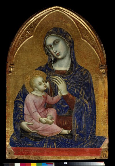 Jungfrun och Mariabarnet ammar Jesus Kristus som har ett halsband av korall. Målning på trä av Barnaba da Modena (känd från 1361 till 1383) Dim. 1,09x0,72 m Paris, Louvren. av Barnaba da Modena