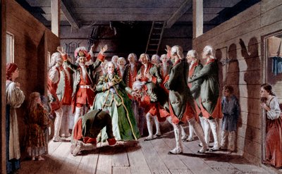 Den ryska imponen Elisabeth Iere Petrovna (1709-1762) på dagen för sin fest och sin framtid på den kejserliga tronen, svär soldater vid hennes lojalitet. av Baron Mikhail Petrovich Klodt von Jurgensburg