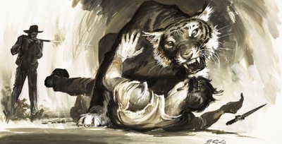 Tiger attackerar en jägare av Barrie Linklater