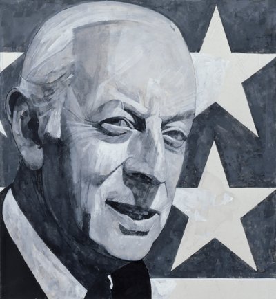 Porträtt av Alistair Cooke, illustration för The Listener, 1970-talet (gouache ombord) av Barry Fantoni