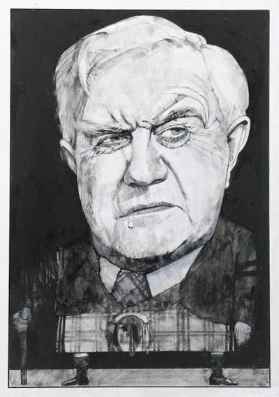 Porträtt av Andrew Cruickshank, illustration för The Sunday Times (gouache ombord) av Barry Fantoni