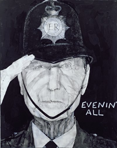 Porträtt av Jack Warner som Dixon från Dock Green, illustration för The Listener, 1970-talet (gouache ombord) av Barry Fantoni