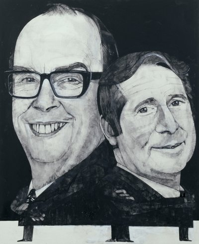 Porträtt av Morecambe och Wise, illustration för The Listener, 1970-talet (gouache ombord) av Barry Fantoni