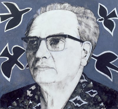 Porträtt av Olivier Messiaen, illustration för The Sunday Times, 1970-talet (gouache ombord) av Barry Fantoni