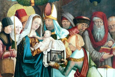 Tyska: Ving av Frauenkirchens tidigare högaltare med scener av Jungfru Maria Welser Altar: Presentation av Jungfru Maria och Jesus i templet av Barthel Beham