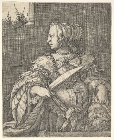 Judith, halvlång och i profil till vänster, ett svärd i höger hand och huvudet på Holo.... av Barthel Beham