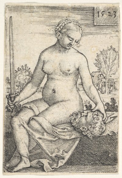 Judith, sittande naken med ett svärd i sin högra hand, stirrade ner på huvudet av Holofernes ..., 1523. av Barthel Beham
